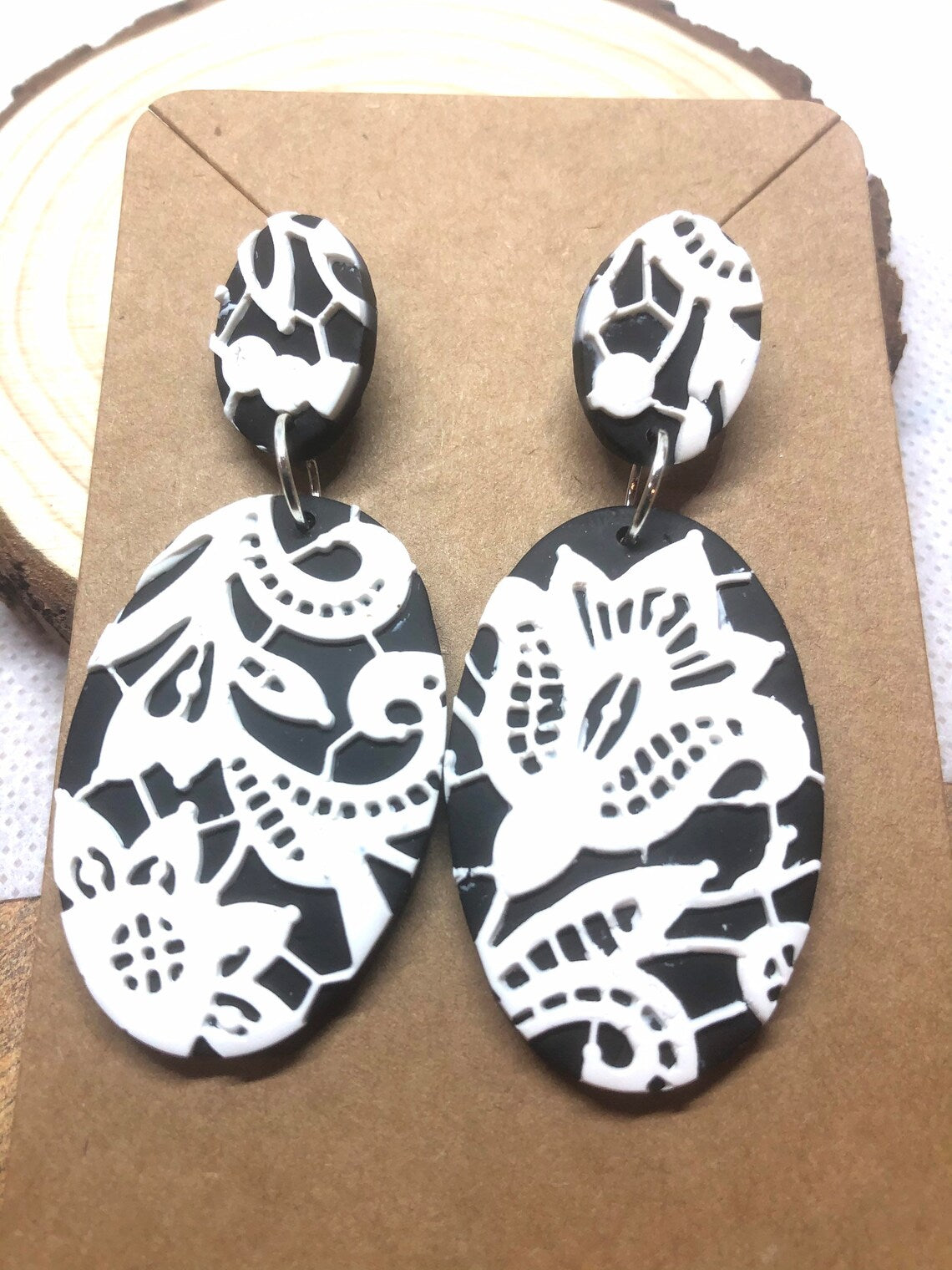 Black and White Lace Clay Earrings