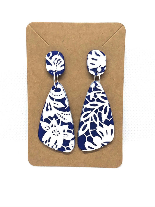 Cobalt Blue with White Lace Polymer Clay Earrings